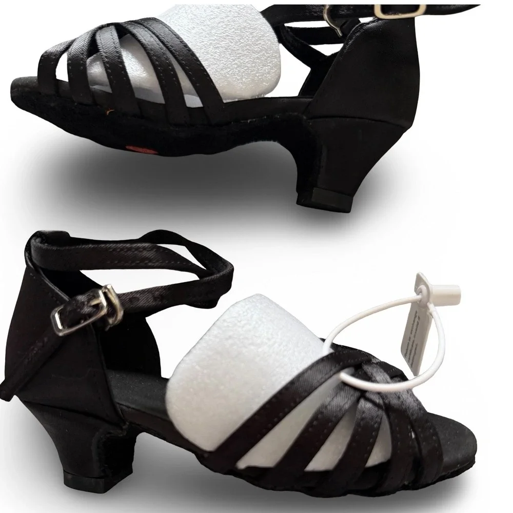 DanceandSway Kids Black Satin Latin Ballroom Dance Shoes Sz 7.5 EU 24 1.9